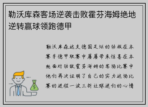 勒沃库森客场逆袭击败霍芬海姆绝地逆转赢球领跑德甲