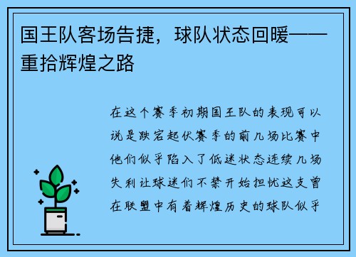 国王队客场告捷，球队状态回暖——重拾辉煌之路