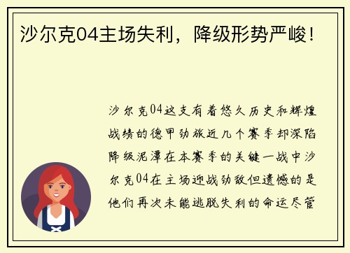 沙尔克04主场失利，降级形势严峻！