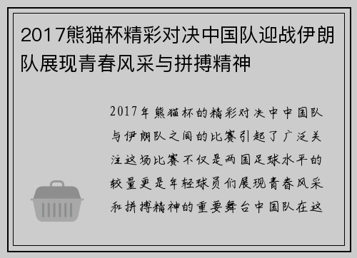 2017熊猫杯精彩对决中国队迎战伊朗队展现青春风采与拼搏精神
