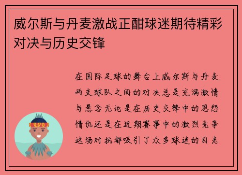 威尔斯与丹麦激战正酣球迷期待精彩对决与历史交锋